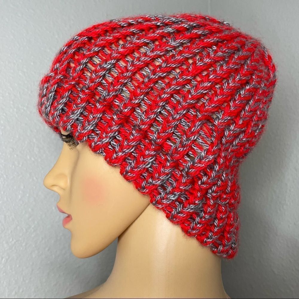 Red and Gray Hand Knitted Handmade Skull Cap Beanie Hat - Picture 2 of 6